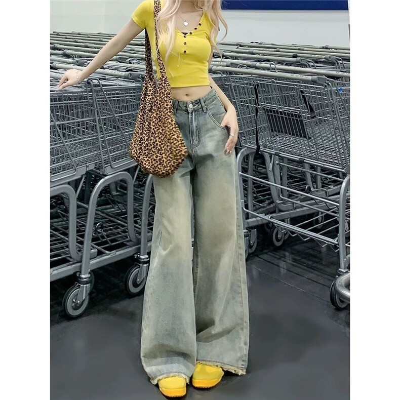 加绒加厚黄泥做旧牛仔裤女2026秋季新款宽松高腰显瘦毛边阔腿裤子,男装牛仔裤,星座506A