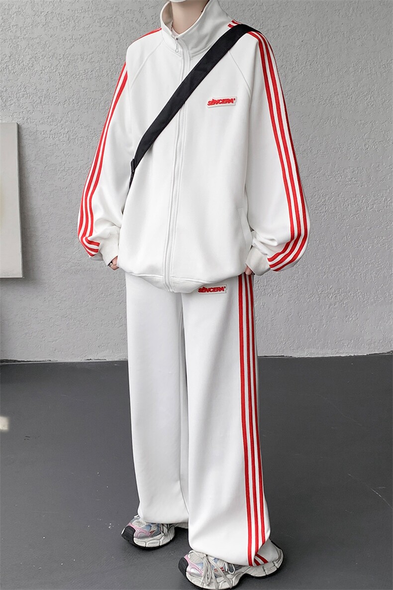 8XL-M条纹撞色开衫新年红卫衣运动套装潮牌运动服校园风TZ114P118,男装休闲套装,电商D206-1