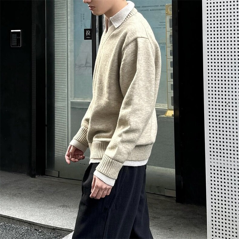 重磅北极绒假两件衬衫领毛衣美式高街复古休闲慵懒纯色翻领针织衫,男装针织衫/毛衣,电商A486