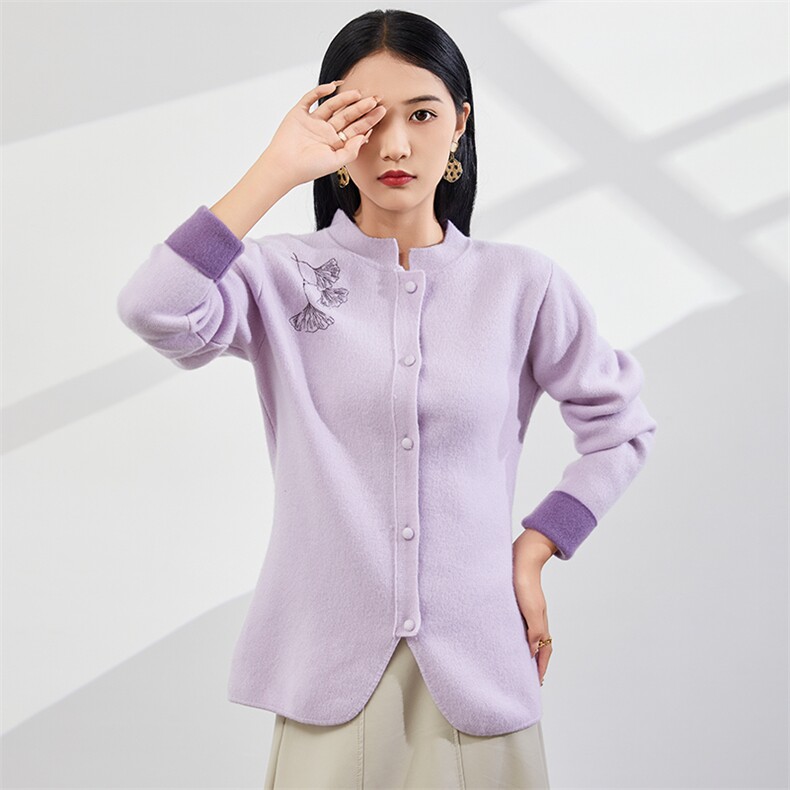 优雅气质立领羊绒开衫简约百搭修身中式外套,女装羊绒衫,美够羊绒
