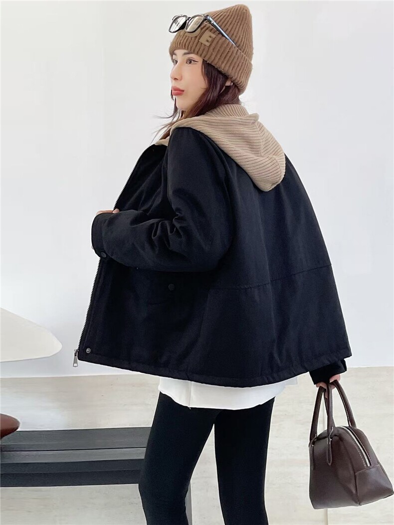 冬季加绒派克服棉衣女2025新款小个子针织连帽休闲工装棉衣外套,女装棉衣/棉服,江忆布依
