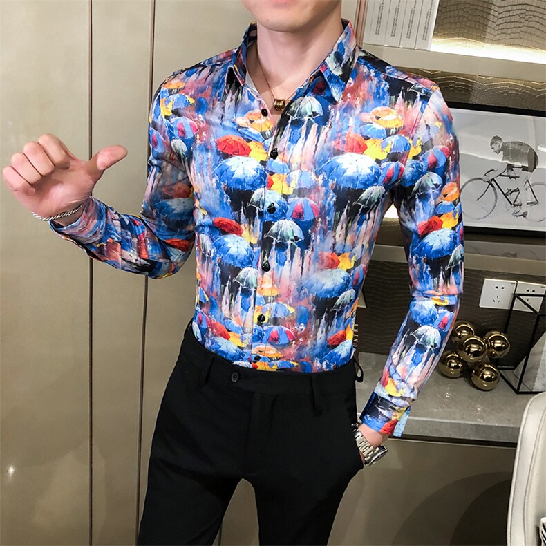 2021春秋男衬衫英伦长袖上衣印花男装韩版修身四季潮流衬衣H627-P55图片
