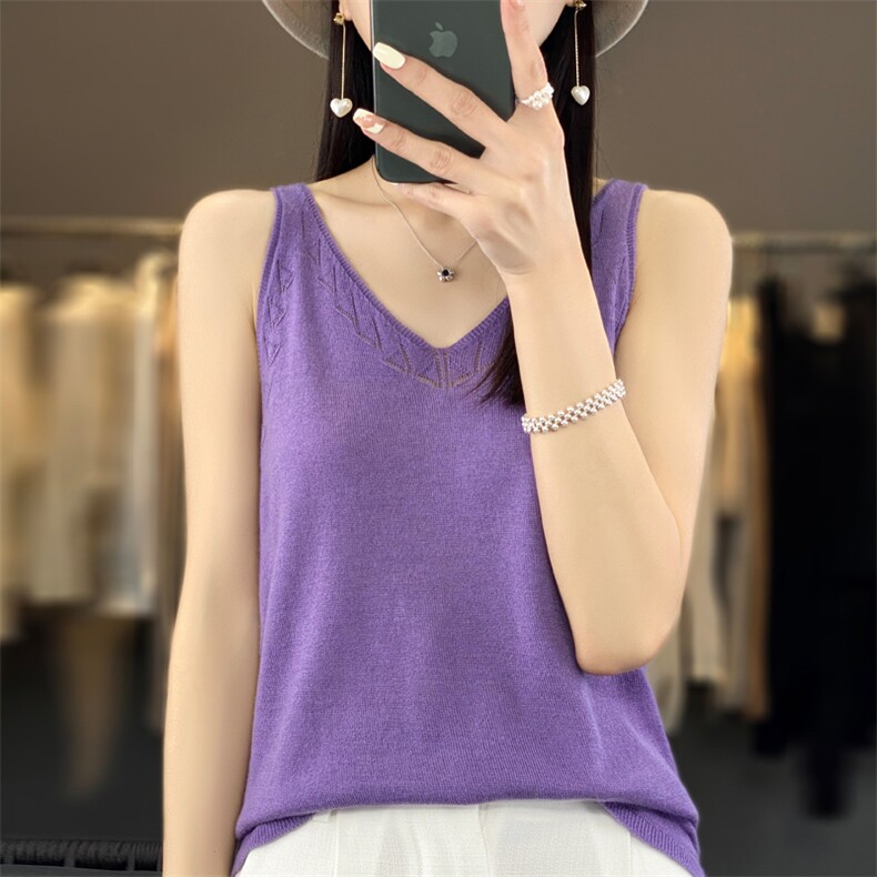 时尚V领镂空针织背心女夏季新款修身显瘦无袖打底衫内搭上衣,女装背心吊带,大美人高端店
