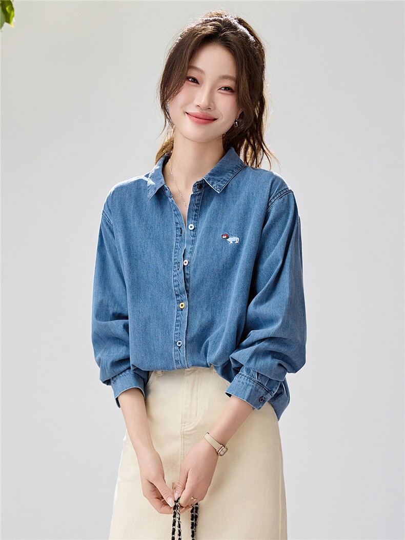 韩系松弛感牛仔衬衫女2026春款刺绣彩扣叠穿百搭长袖上衣宽松显瘦,女装衬衫,艾米