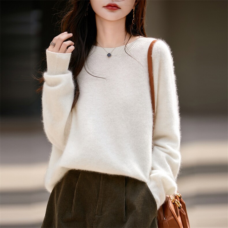 无缝拉绒松弛感纯羊毛衫女慵懒风毛衣秋冬保暖圆领宽松打底针织衫,针织衫/毛衣,昭美羊绒