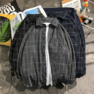 男士秋季新款衬衫韩版潮流宽松格子衬衣外套长袖DF04T图片
