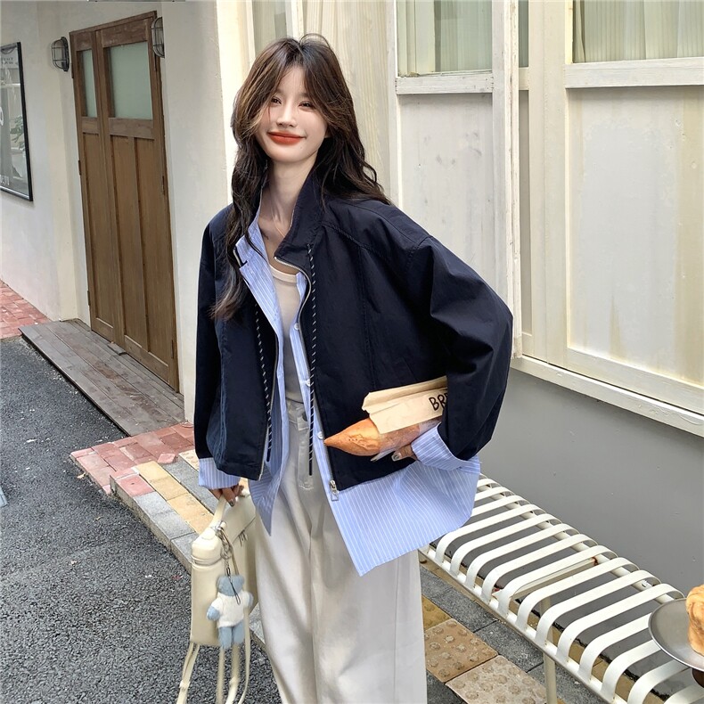 假两件条纹拼接藏青色外套女春秋2025新款小个子上衣流行爆款超火,女装短外套,2C239