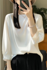 七分袖圆领纯色2024年秋季套头简约衬衫，女装衬衫，绒宛羊绒