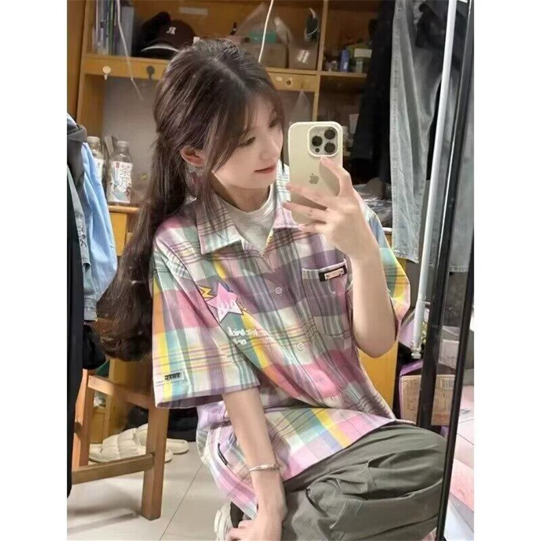 美式彩虹色格子半袖衬衫女宽松百搭多巴胺穿搭情侣短袖潮,男装衬衫,星座506A