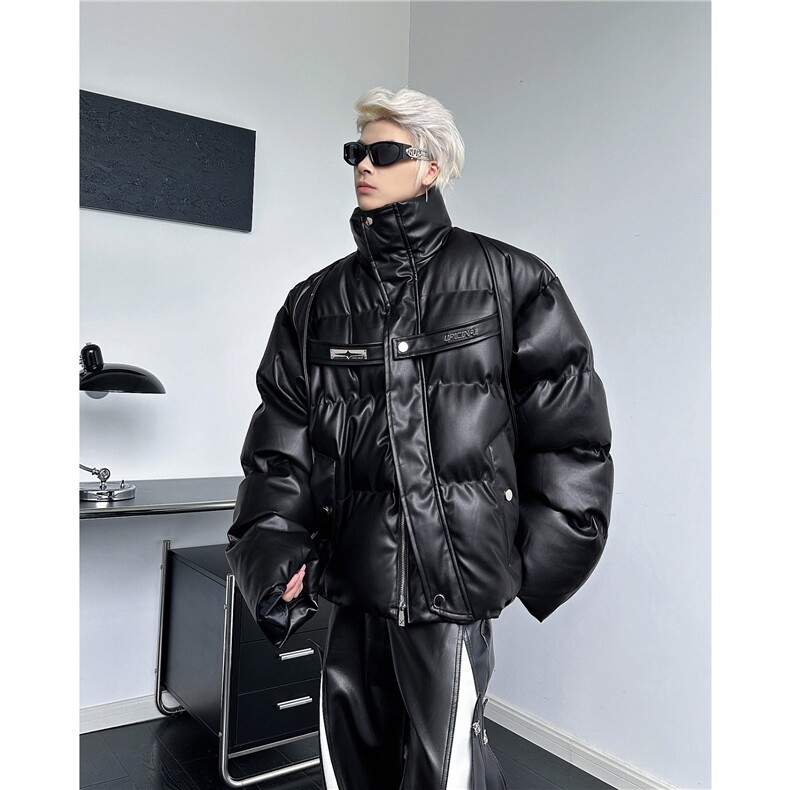美式解构PU皮立领棉服外套男冬潮牌保暖羽绒面包服棉衣MF315-P113,男装棉衣,星座412-2