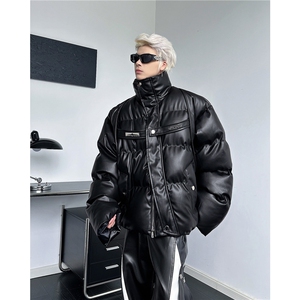 美式解构PU皮立领棉服外套男冬潮牌保暖羽绒面包服棉衣MF315-P113图片