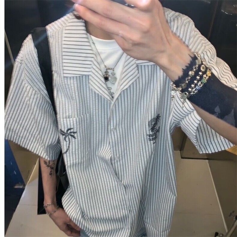 法式条纹短袖衬衫男夏季新款潮流宽松衬衣青少年高街翻领上衣外套,男装衬衫,星座506A