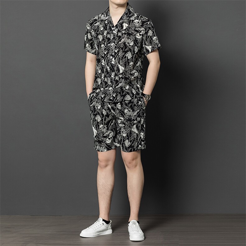 夏款提花短袖短裤薄款绸缎两件套男休闲高端潮套装，男装牛仔裤，钱塘6003B