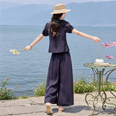碎花小立领收腰小衫配阔腿裤时尚清新田园风两件套，女装套装/套裙，水衣源
