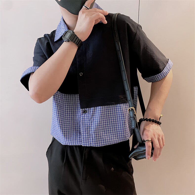 S84/P58控88夏季小伙设计感小众不规则拼接格纹休闲衬衫男黑首1,男装衬衫,星座305B