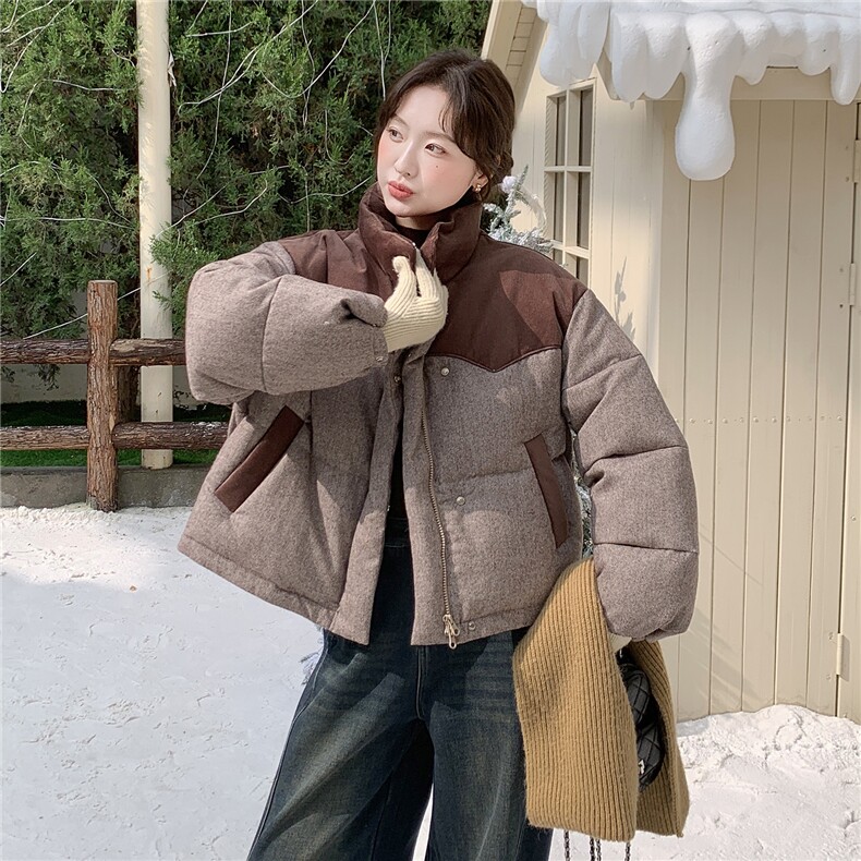 欧货高端拼接撞色羽绒服女冬季2025新款加厚保暖立领白鸭绒短外套,女装羽绒服,琦鑫阁（原依鑫阁）