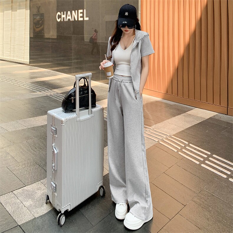 港风休闲时尚套装女夏季新款高级感显瘦连帽卫衣阔腿裤运动两件套,女装套装/套裙,2C310