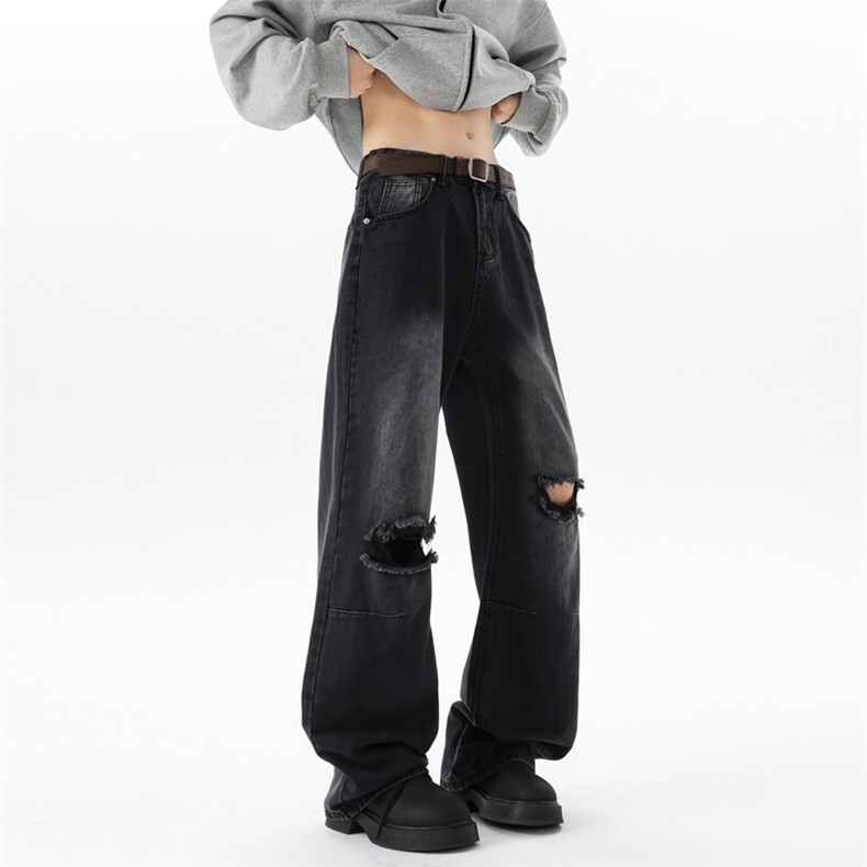 8XL-M现货牛仔裤大码复古水洗高街破洞裤子直筒乞丐裤NZ9011/P58，男装牛仔裤，电商B238