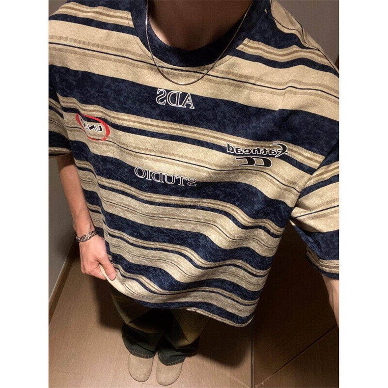 美式复古条纹短袖T恤男女夏季新款宽松休闲扎染上衣WLT800-P33,男装T恤,星座1008