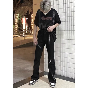 美式街头水洗做旧拉链牛仔裤男秋冬直筒宽松欧美高街vibe风长裤子图片