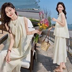 慵懒风无袖背心套装女2025夏季新款气质洋气简约纯色宽松两件套裙，女装套装/套裙，潮流依族