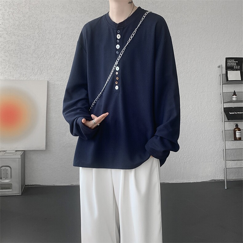 8XL-M慵懒肌理感华夫格廓形云母贝纽扣长袖T恤打底长袖CX3006P48,男装T恤,电商D206-1