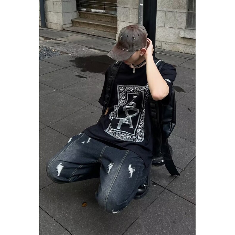 夏季牛仔裤男美式高街水洗破洞潮牌宽松直筒长裤1001-1-N784-P55,男装牛仔裤,星座1001-1