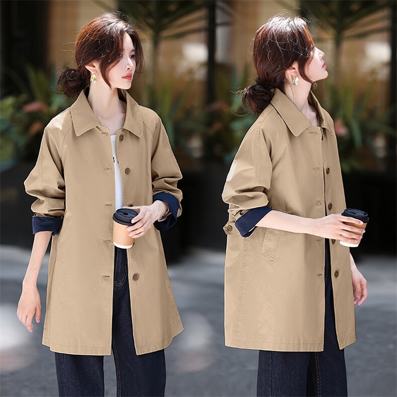 全棉中长款风衣女2025年秋季常规单排扣宽松风衣外套女，女装风衣，鑫源服饰