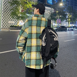 港风夜景男士大码休闲格子毛呢衬衫加厚男士外dsa012jk100p100图片