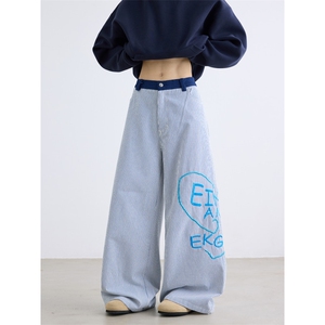美式心形字母条纹休闲裤男女新款设计感小众阔腿裤N764-P58图片