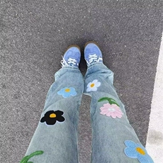 美式高街vibe风复古水洗花朵刺绣贴布牛仔裤男女微喇垂感潮流裤子，女装休闲裤，星座506A