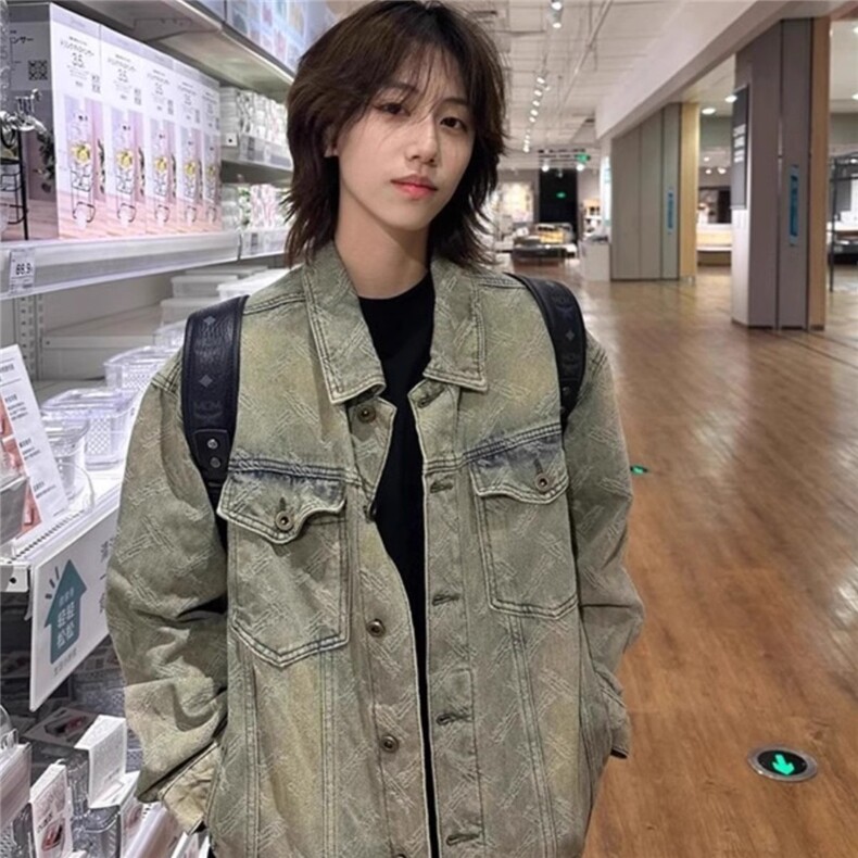 满印印花水洗牛仔外套春秋款男美式复古hiphop工装夹克高级感上衣,男装工装外套,星座1210-1