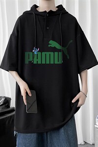 LD54227-P45 连帽短袖t恤男大码胖子带帽五分袖中袖图片