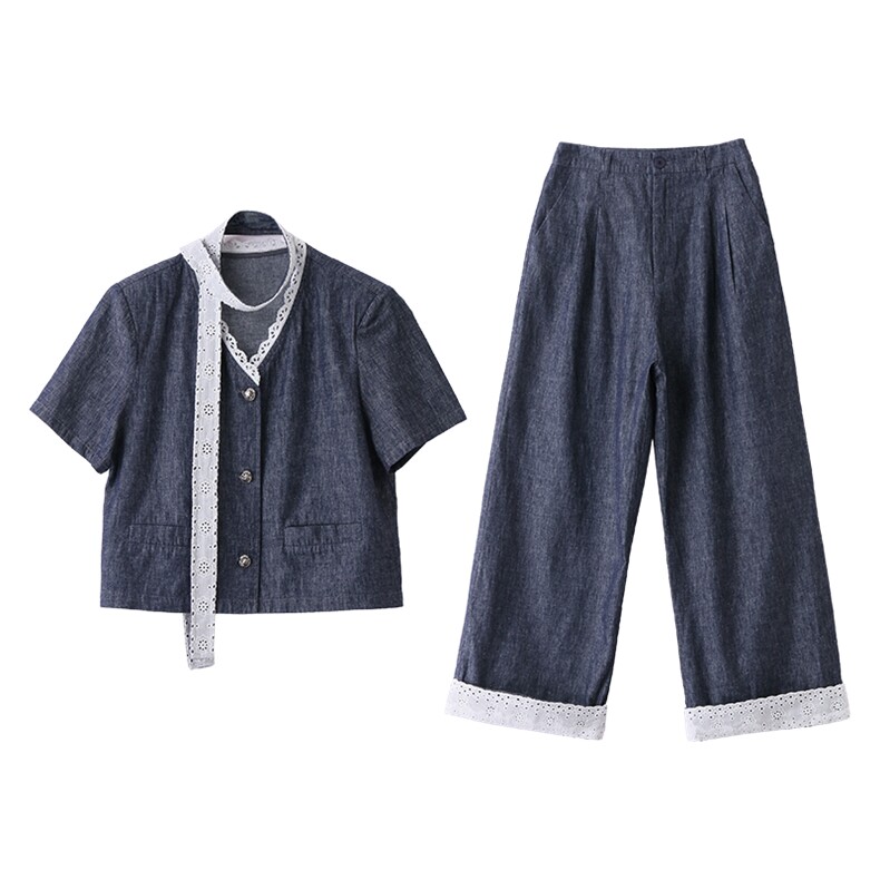 牛仔套装女2025夏季新款韩系小香风气质蕾丝九分阔腿裤穿搭一整套,女装套装/套裙,布芭啦