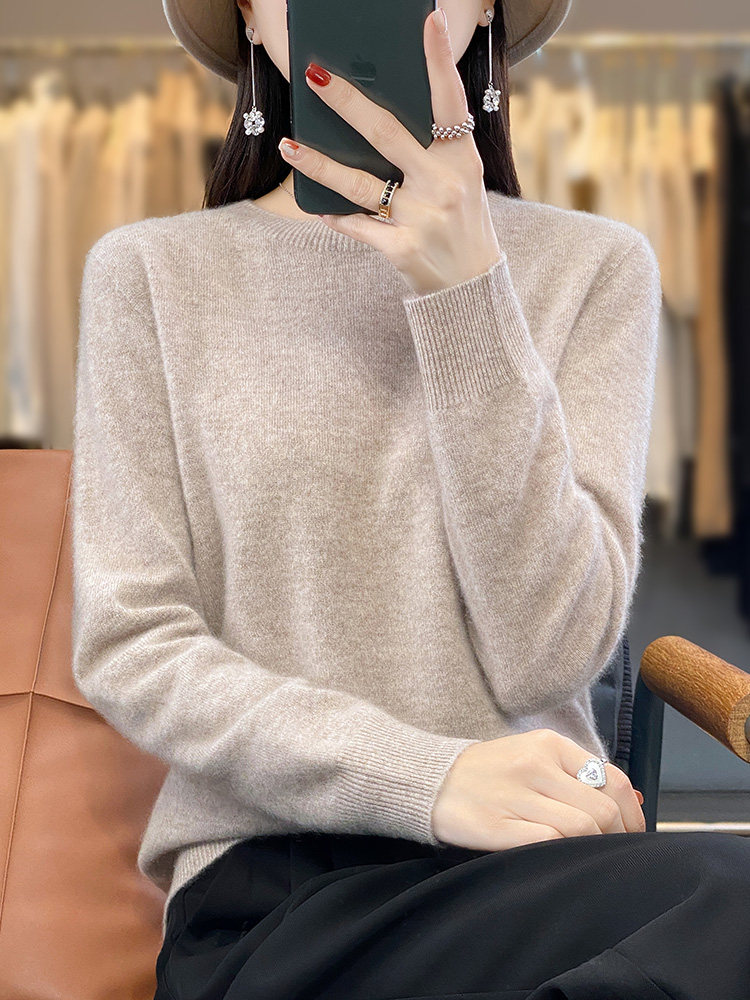圆领新款针织长袖女纯色简约百搭宽松套头上衣,针织衫/毛衣,戎洋
