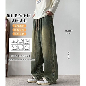 网图 美式复古春季潮牌宽松阔腿裤男士拼接水洗弯刀工装牛仔裤子图片