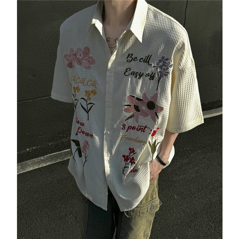 主推美式复古华夫格彩色花卉刺绣短袖衬衫情侣上衣男H939P68，男装T恤，电商A341