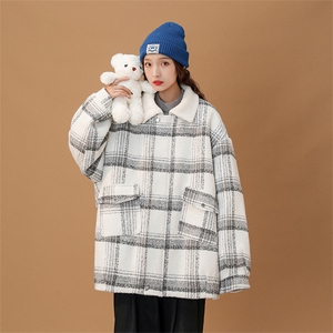 毛呢羊羔绒外套秋冬格子加绒加厚棉服美式高街外套A170-M809-P128图片