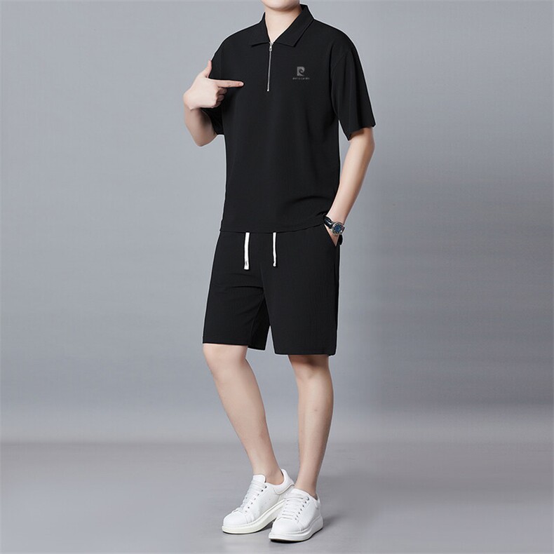 夏季男士短袖短裤套装简约时尚运动翻领套装休闲拉链两件套男装图片