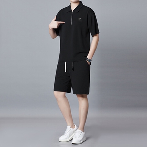 夏季男士短袖短裤套装简约时尚运动翻领套装休闲拉链两件套男装图片