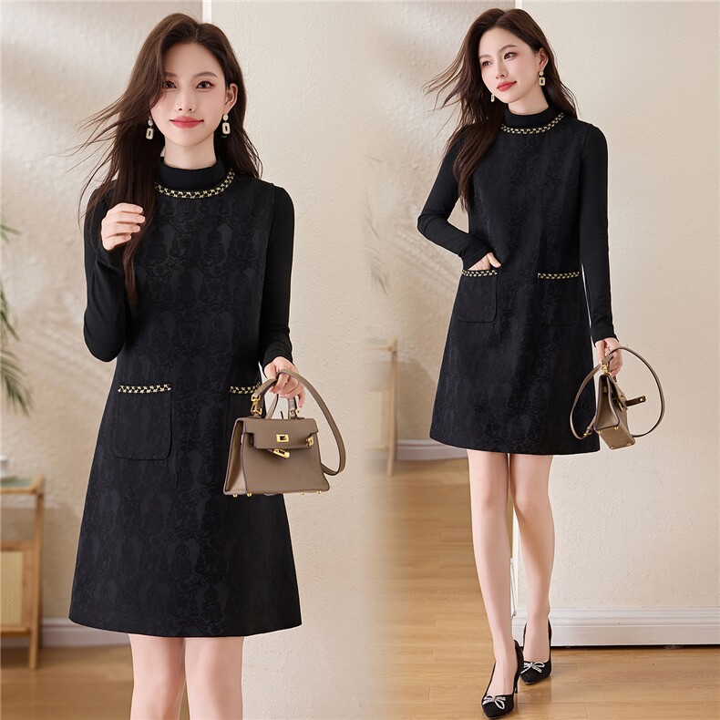 主推现货春装新款小香风时尚立体提花背心裙+针织打底衫两件套，女装套装/套裙，姿衣坊