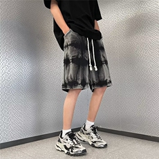 美式扎染水洗牛仔短裤男夏季薄款宽松大码潮牌设计感小众五分中裤，男装牛仔裤，星座410-7