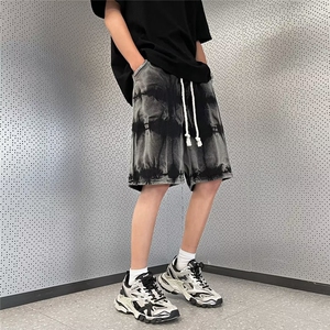 美式扎染水洗牛仔短裤男夏季薄款宽松大码潮牌设计感小众五分中裤图片
