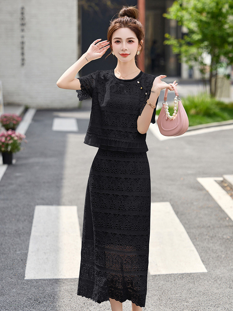 小香风名媛气质套装裙女2025夏新款洋气蕾丝镂空上衣半身裙两件套,女装套装/套裙,韩宇舍
