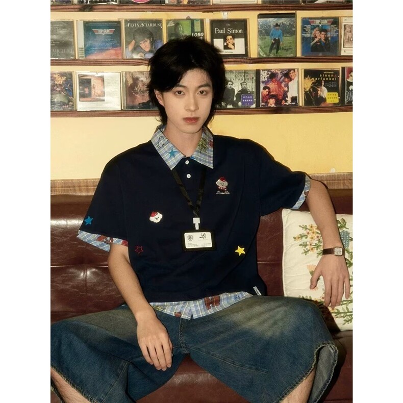 潮牌小狗刺绣拼接假两件短袖女男夏季POLO衫t恤宽松上衣,男装Polo衫,星座1210-1