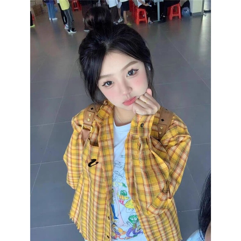 韩系黄色格子流苏衬衫外套女春秋2025新款设计感小众长袖衬衣上衣,男装衬衫,星座1210-1