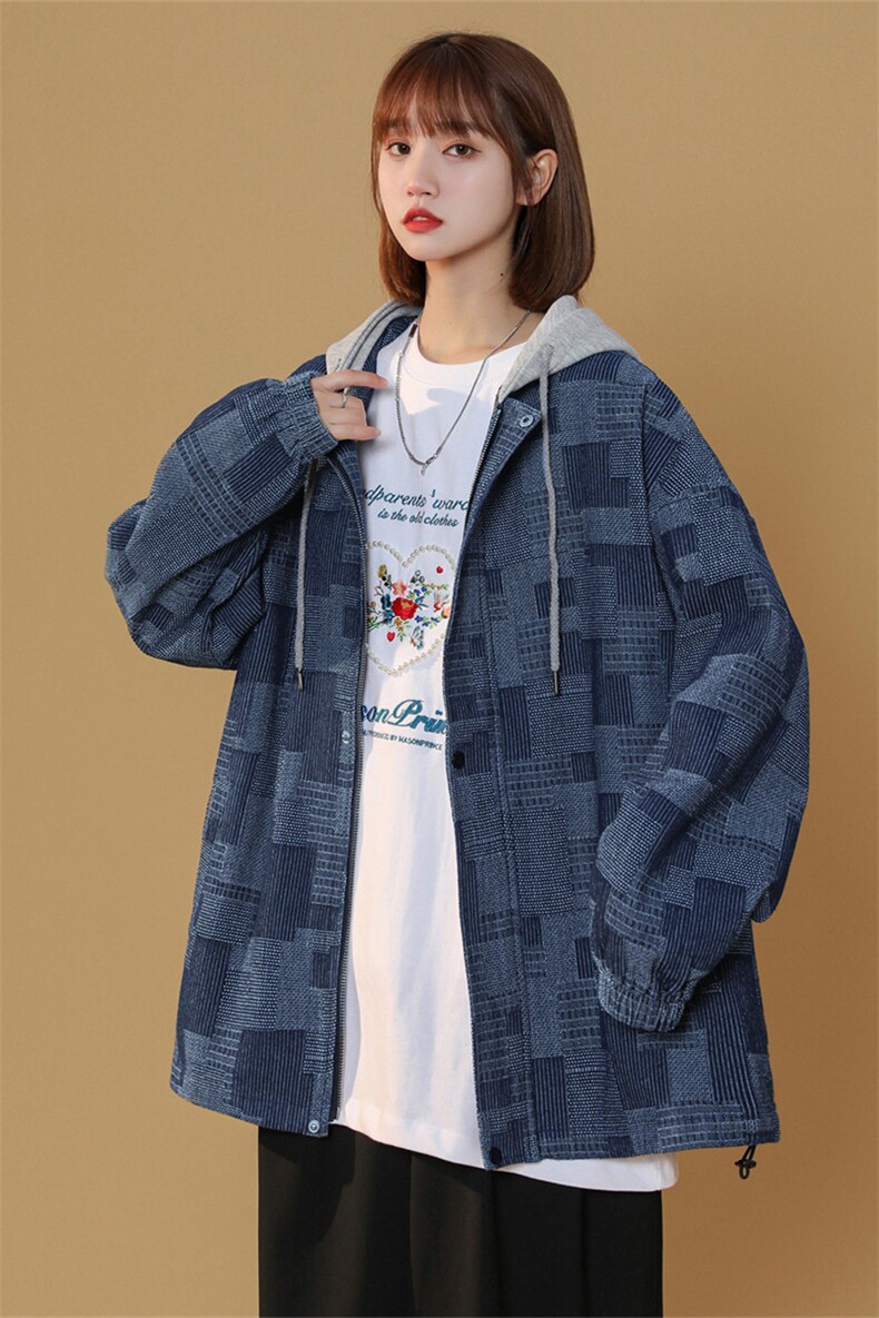 JK6007/P80春装新款中性风牛仔连帽格子夹克男大码外套上衣控118,女装短外套,电商A141