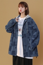 JK6007/P80春装新款中性风牛仔连帽格子夹克男大码外套上衣控118，女装短外套，电商A141