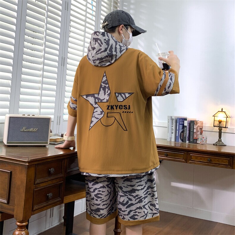 休闲套装夏季薄款连帽宽松半拉链t恤迷彩短裤五分裤A436-T17-P70,男装牛仔裤,电商A436