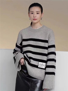 2025年秋季新款百搭女士斑马条纹拼色圆领羊毛衫，女装羊毛衫，狄美羊绒